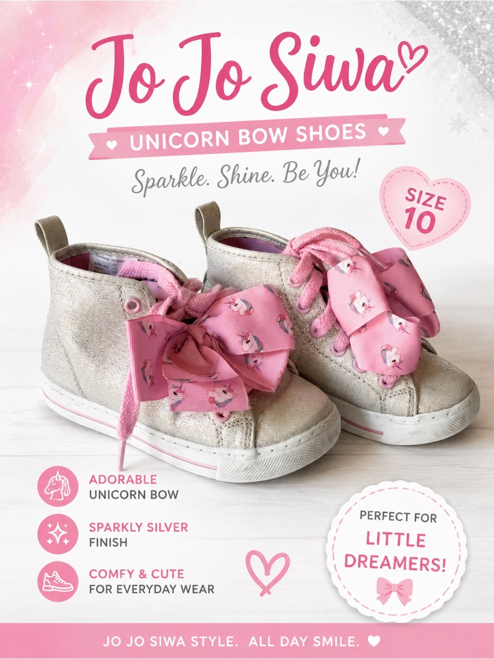 Jo Jo Siwa unicorn Bow shoes size 10 silver